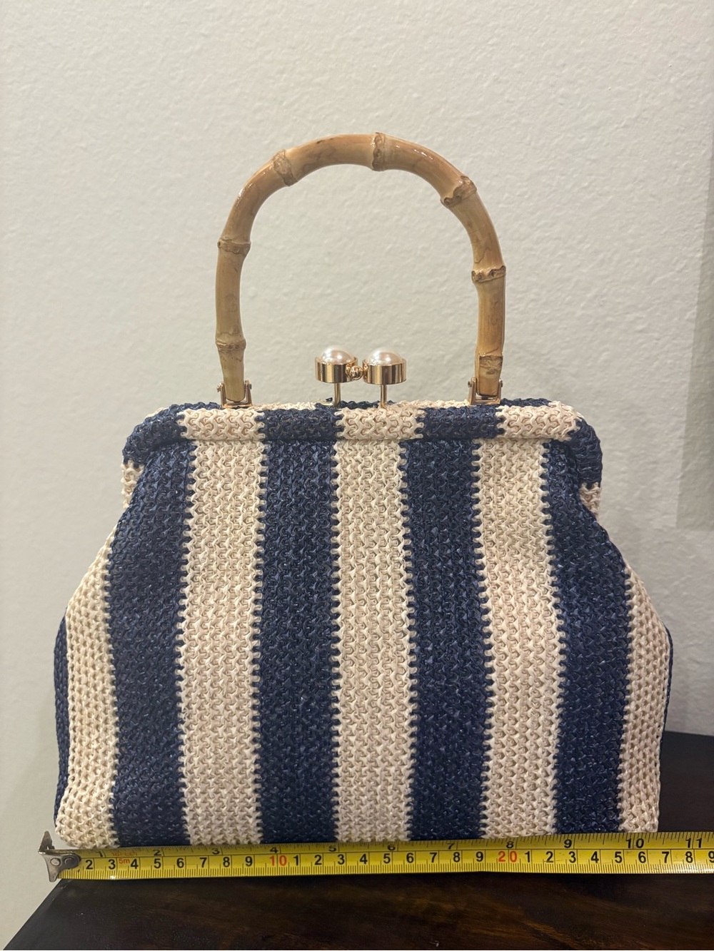 Tommy Bahama Navy and Cream Striped Woven Top-Handle Shoulder Bag